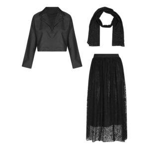 ست مشکی شامل کت نخ کوتاه، دامن گیپور بلند و شال گیپور از رئوف گالری