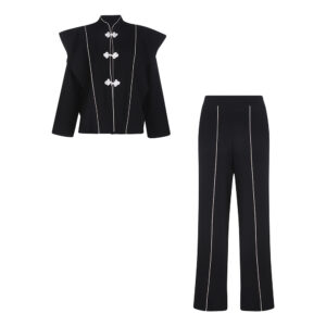 ست شومیز و شلوار نخ زنانه مدل 2512 با یقه ایستاده و خطوط تزیینی مشکی