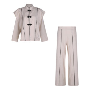 ست شومیز و شلوار نخ زنانه مدل 2511 با یقه ایستاده و خطوط تزیینی مشکی