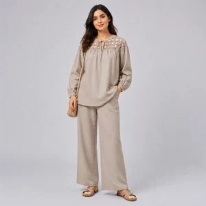 ست بلوز و شلوار زنانه نخی والس مدل Elara رنگ کرم