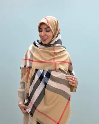 روسری کشمیر طرح باربری قواره ۱۴۰ دور ریش وارداتی شتری