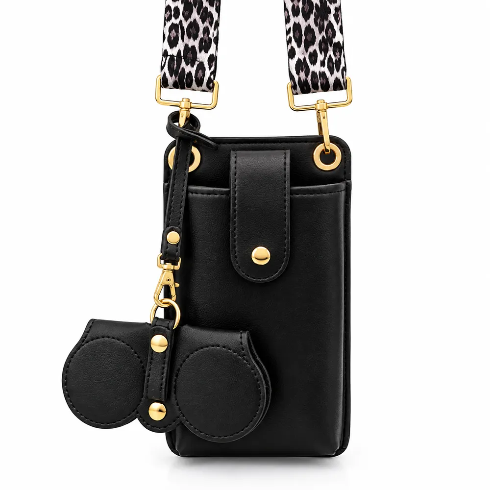 Black Crossbody Bag with Leopard Strap copy کیف کراس بادی موبایلی مشکی با جای عینک و بند پلنگی