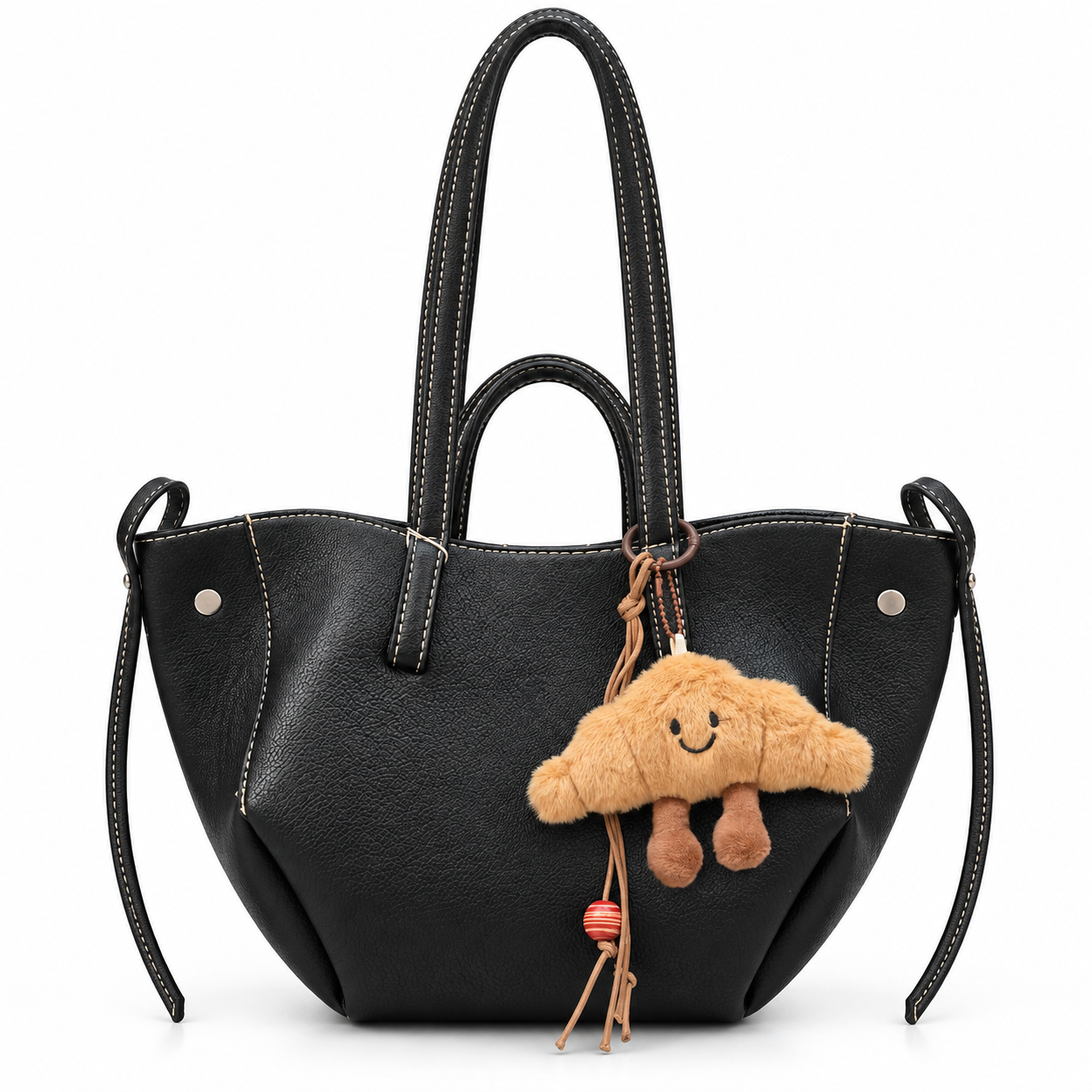 Black Leather Tote with Plush Charm کیف دوشی مدل کروسان مشکی RG06046 با آویز عروسکی