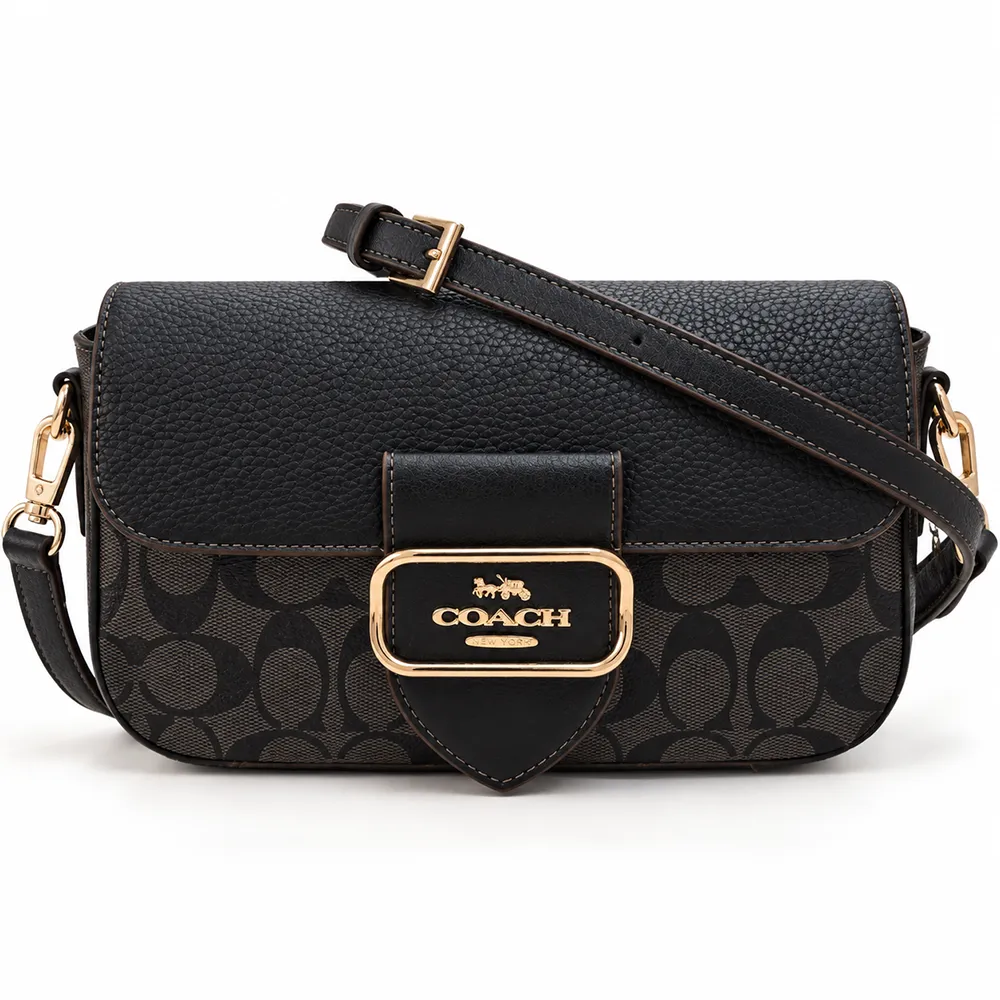 Black Monogram Crossbody with Gold Emblem copy کیف کراس بادی کوچ بزرگ قهوهای مدل RG06039 با بند بلند و محفظه زیپدار