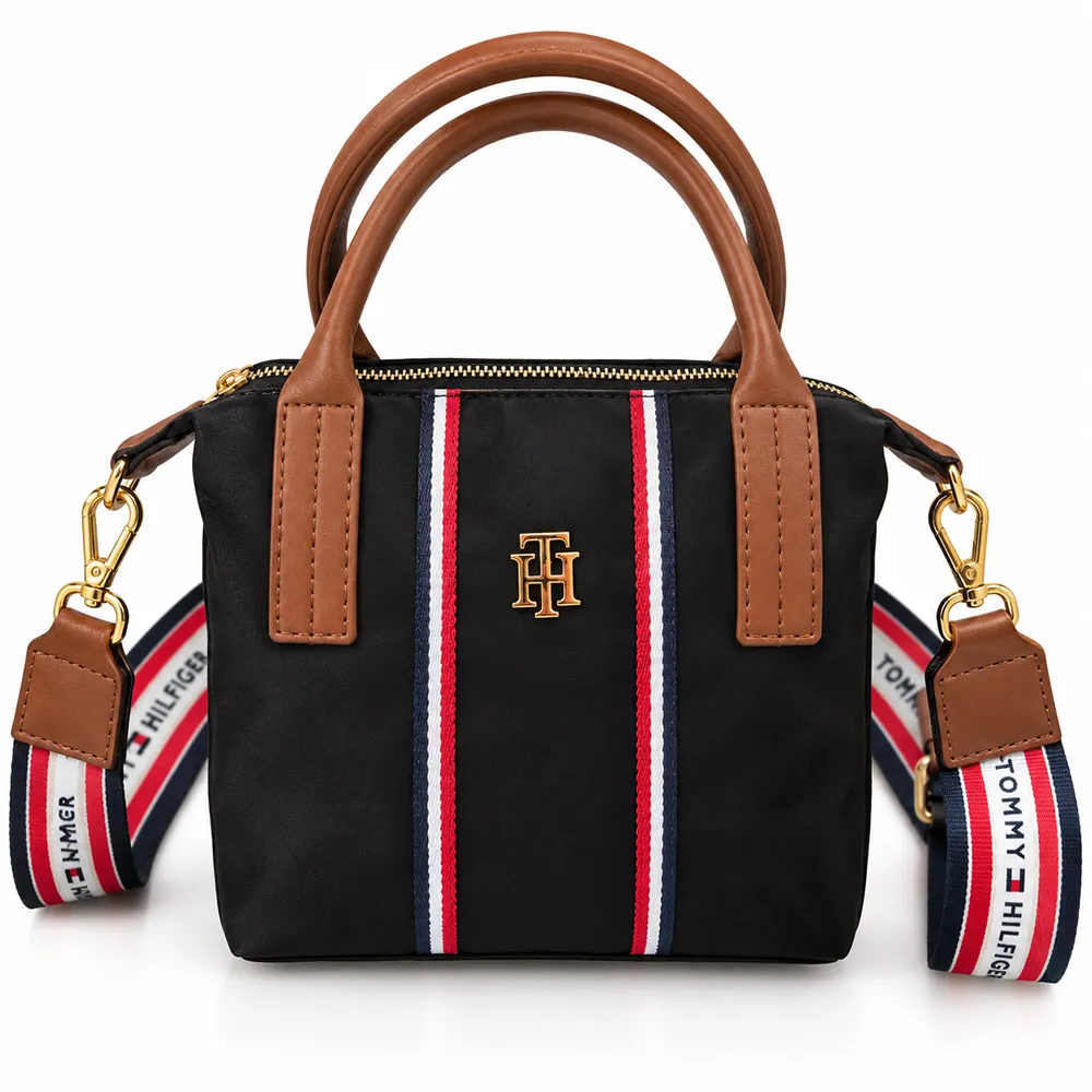 Black Tommy Hilfiger Striped Tote Bag copy کیف دوشی زنانه تامی مشکی مدل RG06043 با دو دسته و بند بلند