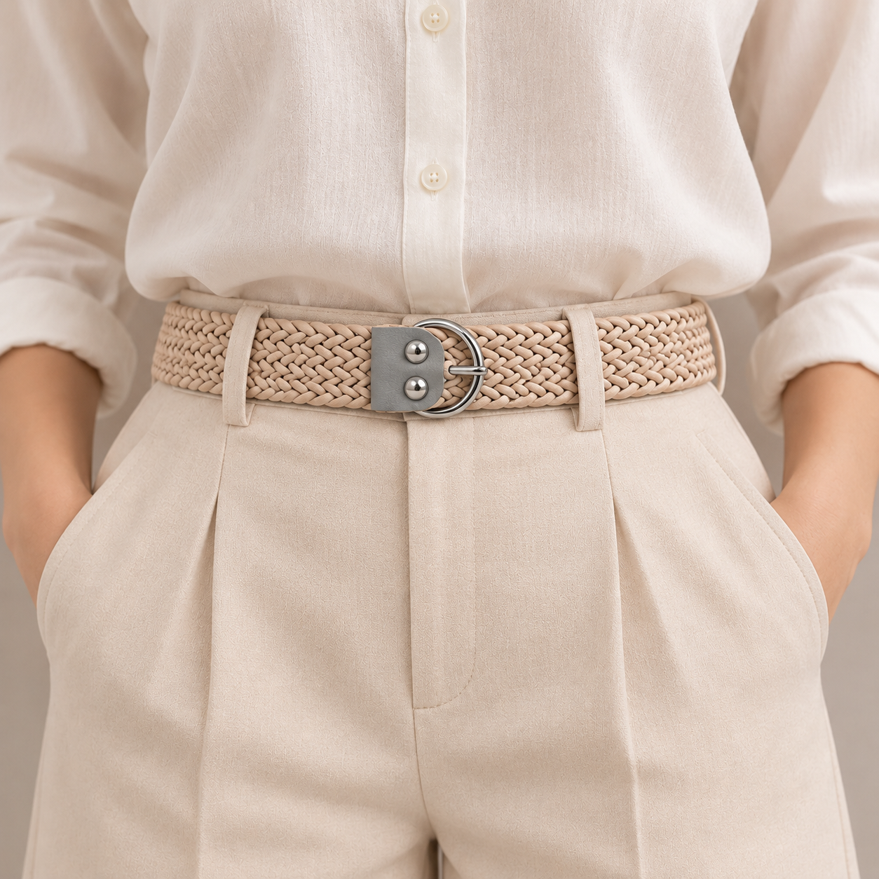 Braided Belt Waist Fashion Portrait کمربند زنانه کنفی کرم RG7504 با سگک دایرهای فلزی