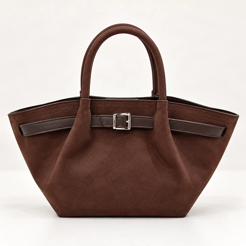 Chocolate Brown Suede Tote with Silver Buckle copy کیف دوشی زنانه جیر قهوهای کمربندی مدل RG06036
