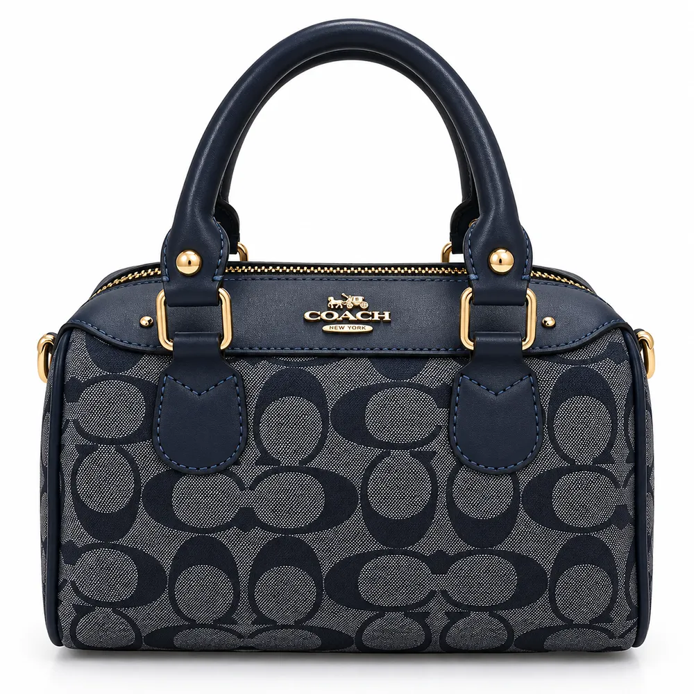 Navy Monogram Satchel with Gold Hardware copy کیف مجلسی کوچک صندوقی سرمهای پارچهای RG06019
