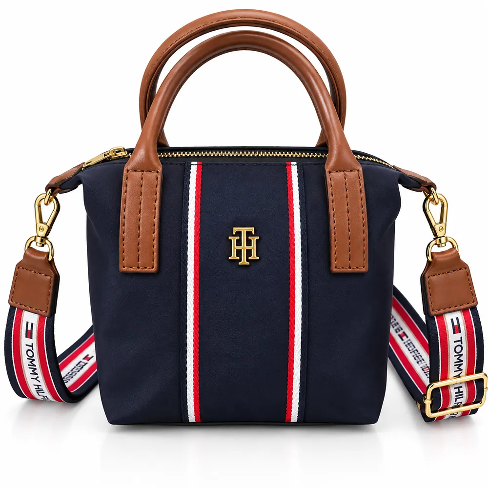 Navy Tricolor Logo Satchel copy کیف دوشی زنانه تامی سرمهای مدل RG06043 با دو دسته و بند بلند